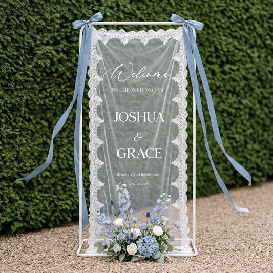 Custom Fabric Welcome Sign, Vintage Tulle Wedding Banner, Dusty Blue Wedding Welcome Sign for Bridal Shower & Engagement Party