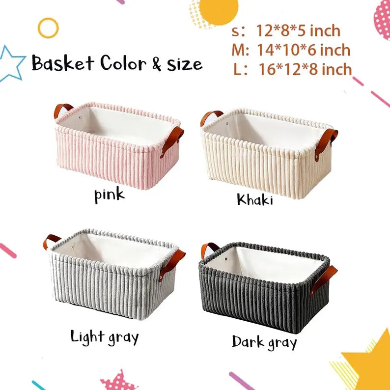 Cream Plush Corduroy Storage Basket with Faux Leather Handles |  Neutral Home Organizer Bin | Boho Nursery and Closet Storage