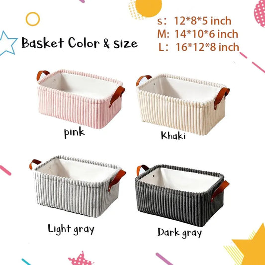 Cream Plush Corduroy Storage Basket with Faux Leather Handles |  Neutral Home Organizer Bin | Boho Nursery and Closet Storage