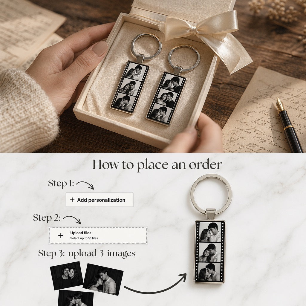 Personalized Film Strip Photo Keychain,  Custom Metal Photo Booth Keyring, Sentimental  Anniversary Keepsake, Romantic Couple Gift