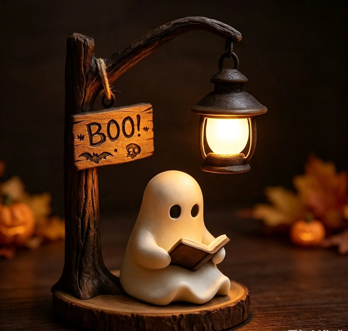 Ghost Reading Halloween Lantern Lamp,  Spooky Resin Desk Ornament, Warm Night Light,  Unique Gift for Book Lovers & Halloween Home Decor