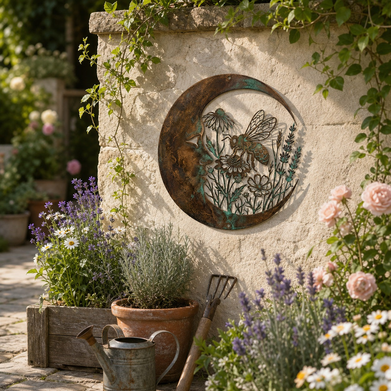 Crescent Moon & Bee Metal Wall Sign,  Wildflower Floral Garden Art, Rustic Weatherproof  Outdoor Hanging Wall Decor for Patio Yard Porch