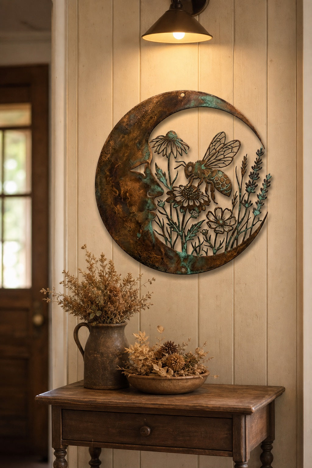 Crescent Moon & Bee Metal Wall Sign,  Wildflower Floral Garden Art, Rustic Weatherproof  Outdoor Hanging Wall Decor for Patio Yard Porch