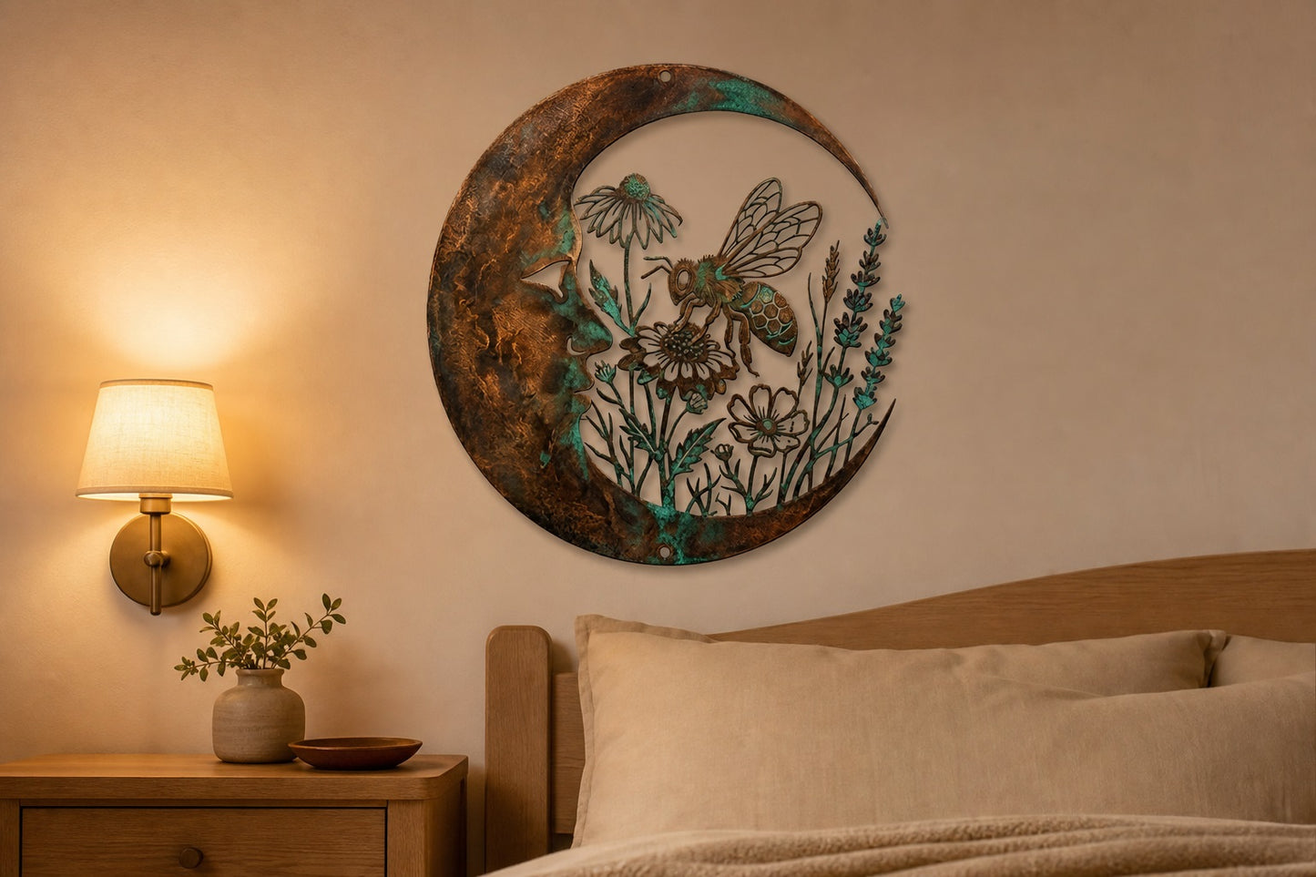 Crescent Moon & Bee Metal Wall Sign,  Wildflower Floral Garden Art, Rustic Weatherproof  Outdoor Hanging Wall Decor for Patio Yard Porch