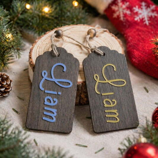 Custom 3D Walnut Wood Stocking Name Tags,  Personalized Engraved Wooden Christmas  Ornaments for Family Holiday Stocking Decor