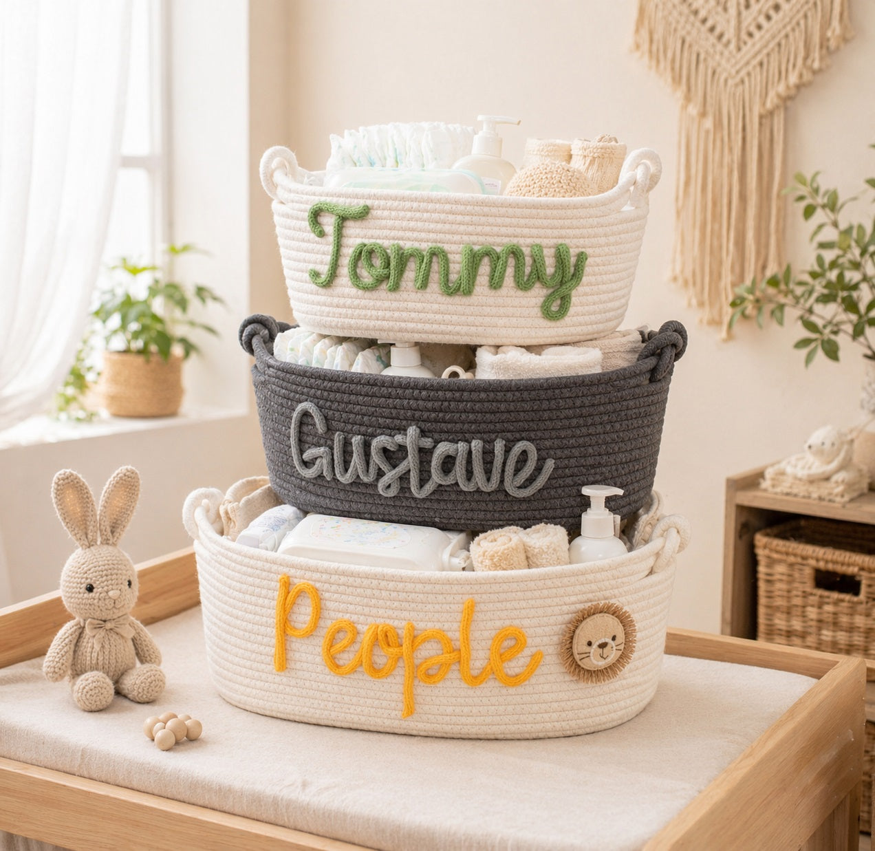 Personalized Rope Baby Storage Basket,  Custom Nursery Organizer Bin, Baby Shower  Gift Basket for Neutral Nursery Decor