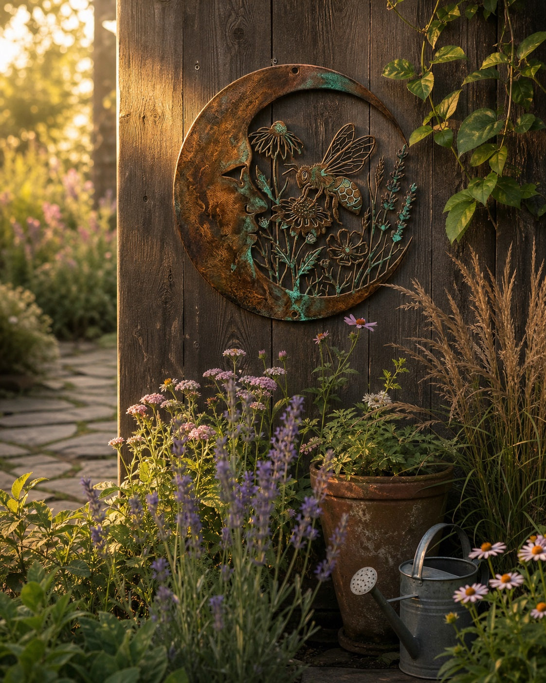 Crescent Moon & Bee Metal Wall Sign,  Wildflower Floral Garden Art, Rustic Weatherproof  Outdoor Hanging Wall Decor for Patio Yard Porch