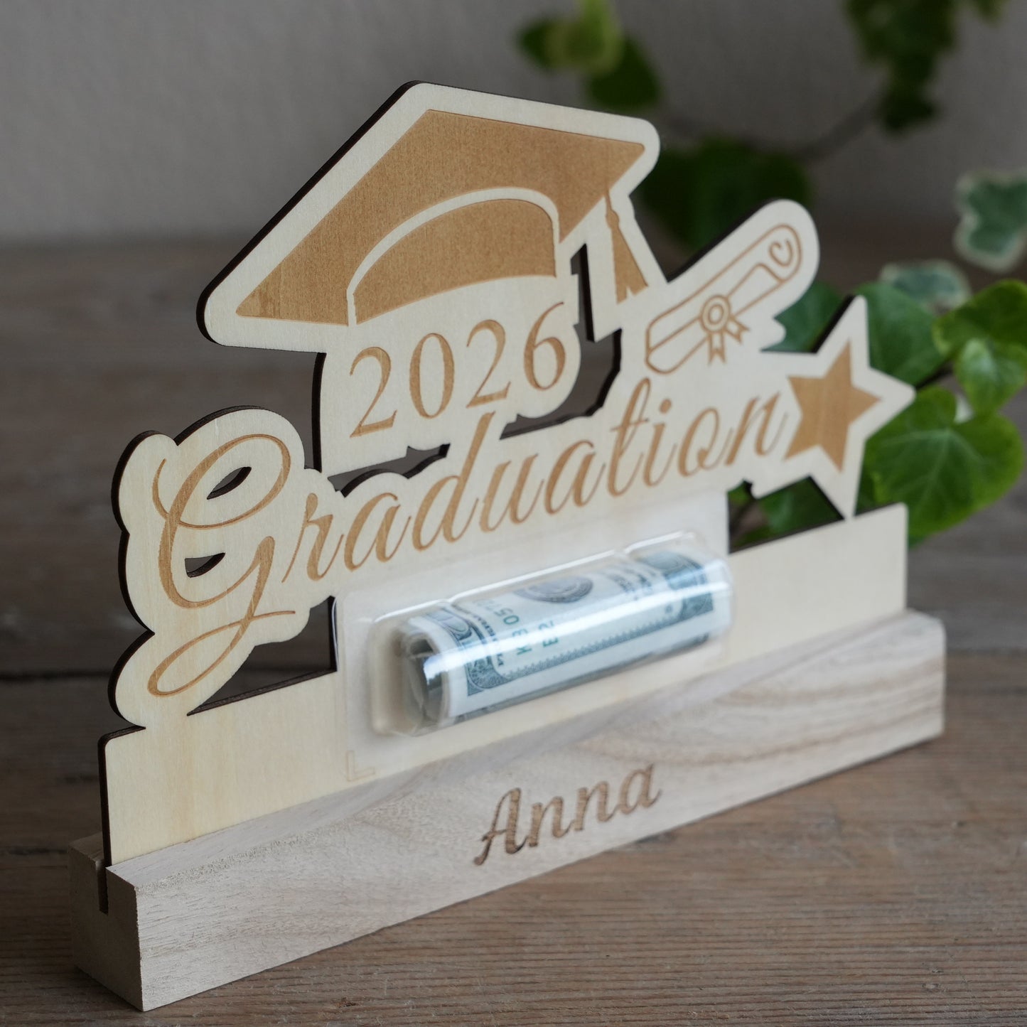 Personalized Graduation Standing Sign With Money, Wooden Funny Cash Gift,Money Holder Gift for Grad, High School Graduation,Class Of Year