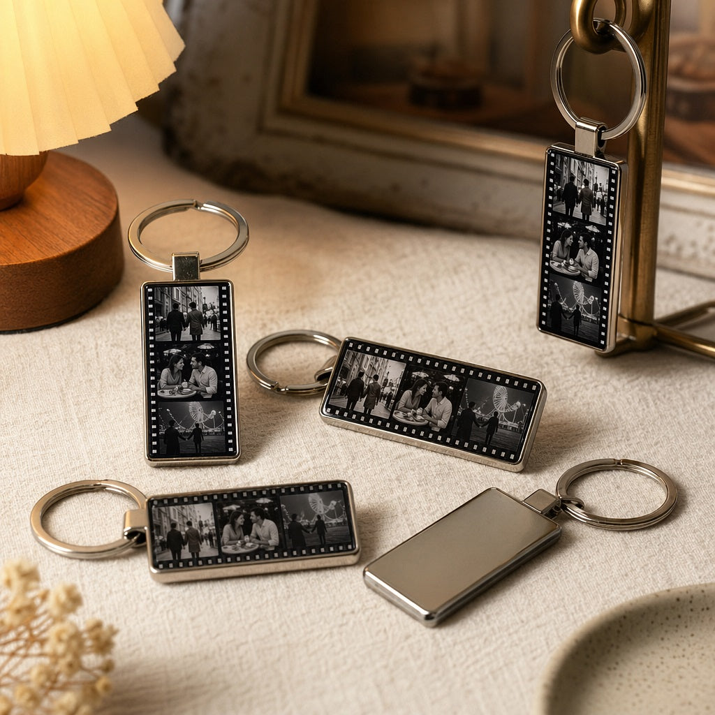 Personalized Film Strip Photo Keychain,  Custom Metal Photo Booth Keyring, Sentimental  Anniversary Keepsake, Romantic Couple Gift