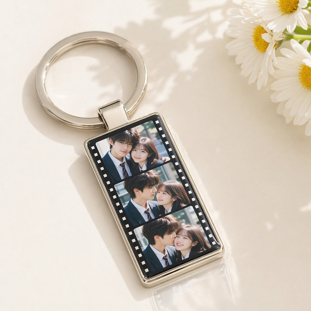 Personalized Film Strip Photo Keychain,  Custom Metal Photo Booth Keyring, Sentimental  Anniversary Keepsake, Romantic Couple Gift