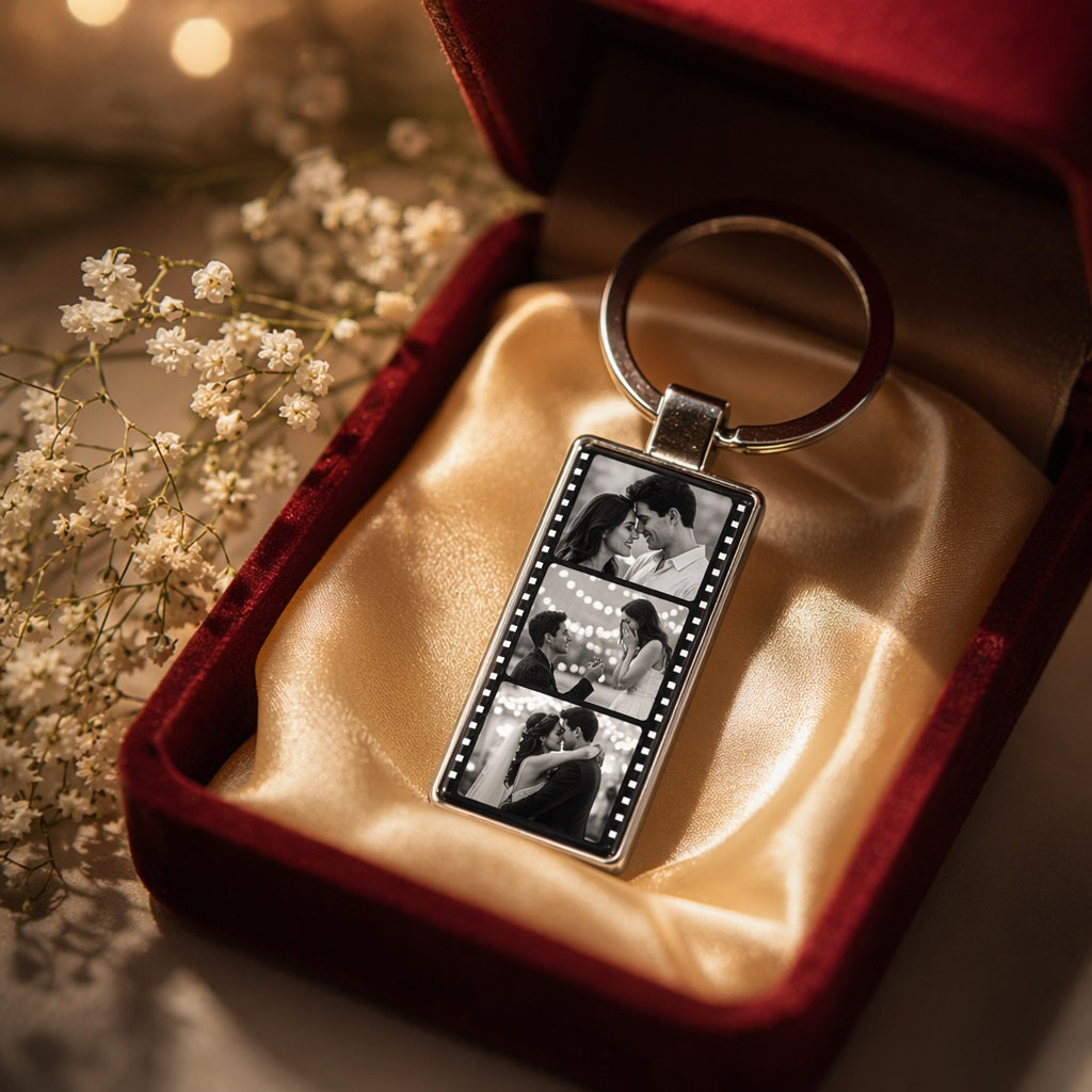 Personalized Film Strip Photo Keychain,  Custom Metal Photo Booth Keyring, Sentimental  Anniversary Keepsake, Romantic Couple Gift