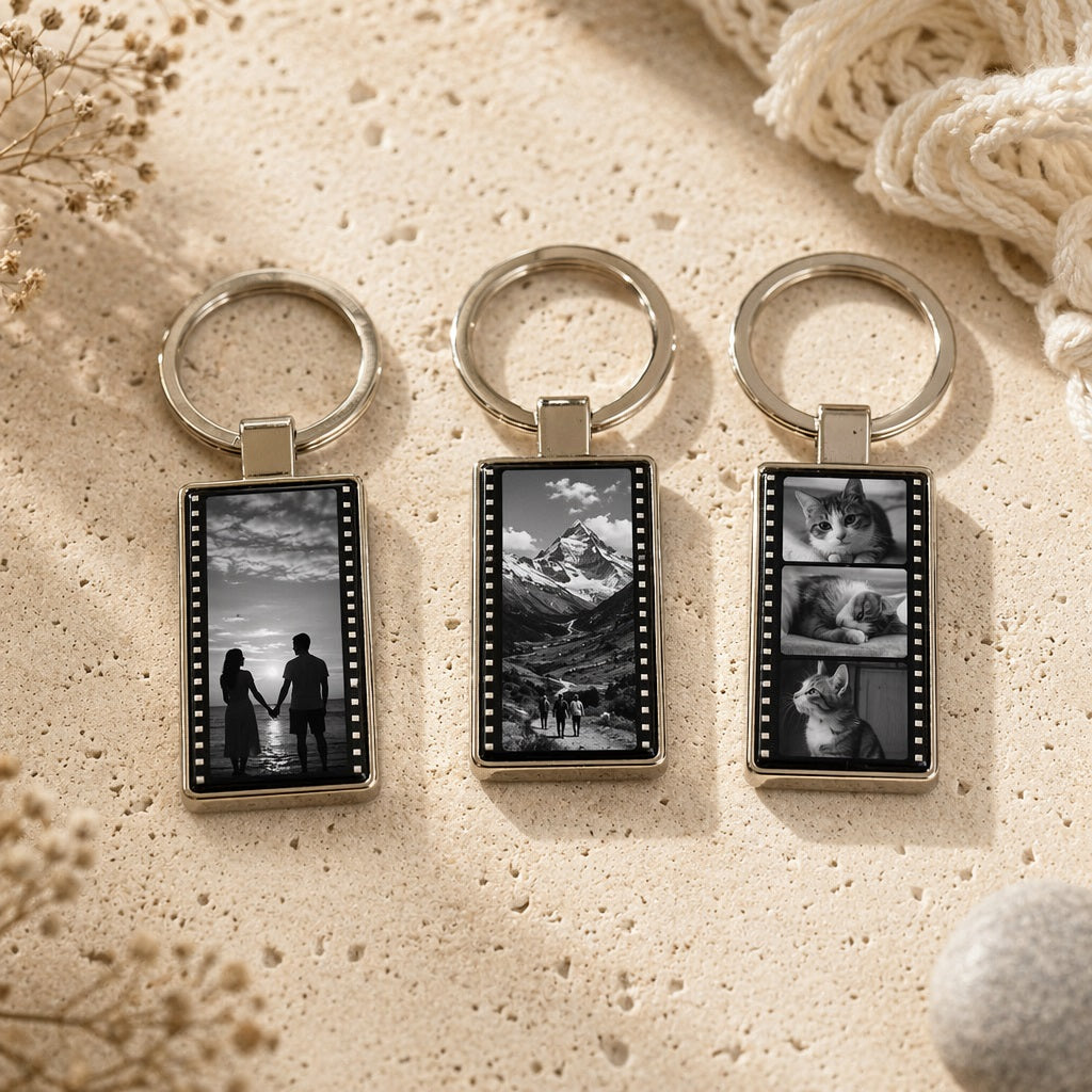 Personalized Film Strip Photo Keychain,  Custom Metal Photo Booth Keyring, Sentimental  Anniversary Keepsake, Romantic Couple Gift