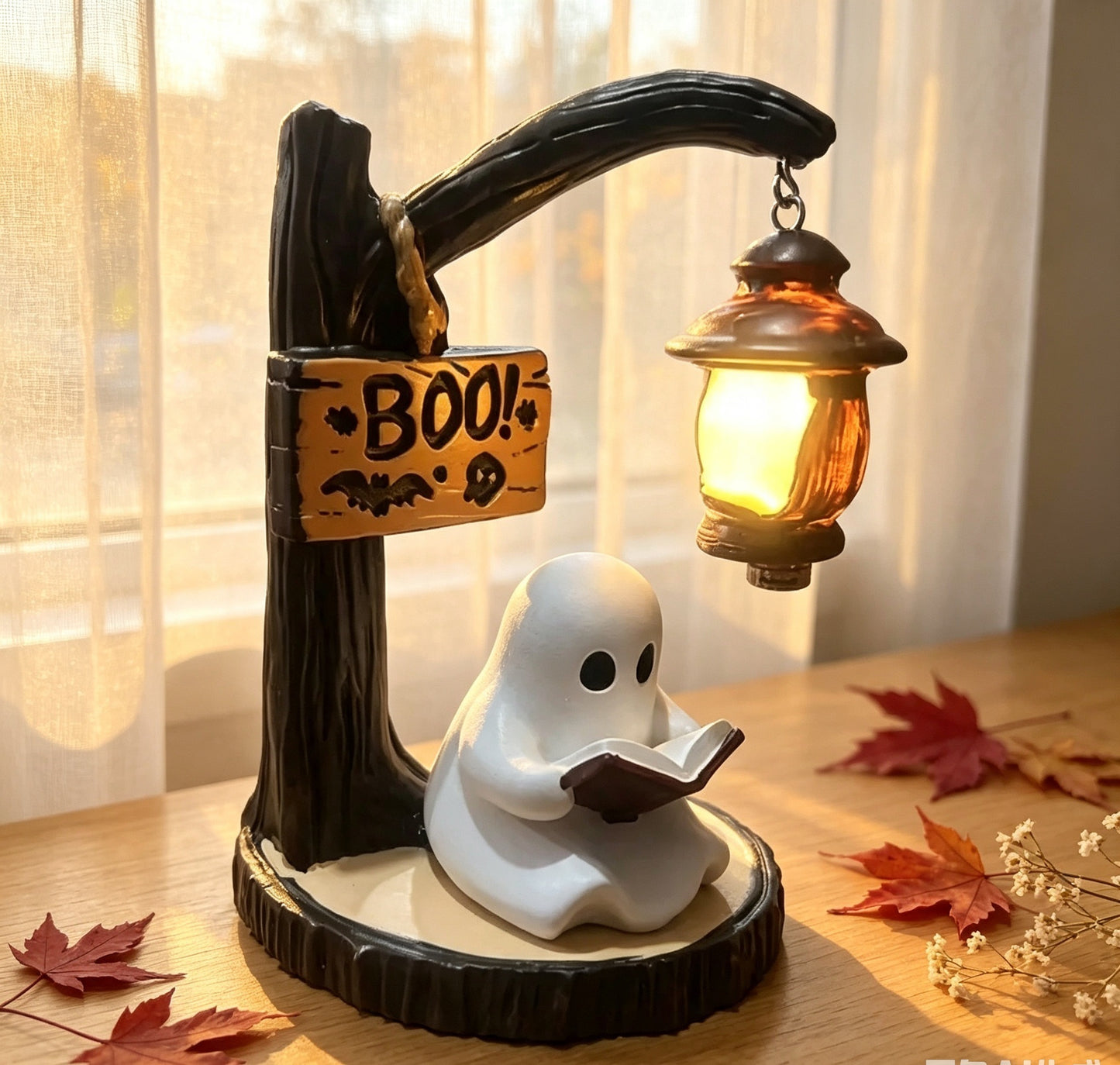 Ghost Reading Halloween Lantern Lamp,  Spooky Resin Desk Ornament, Warm Night Light,  Unique Gift for Book Lovers & Halloween Home Decor