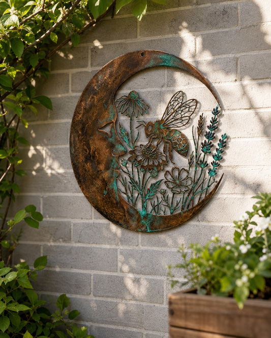 Crescent Moon & Bee Metal Wall Sign,  Wildflower Floral Garden Art, Rustic Weatherproof  Outdoor Hanging Wall Decor for Patio Yard Porch