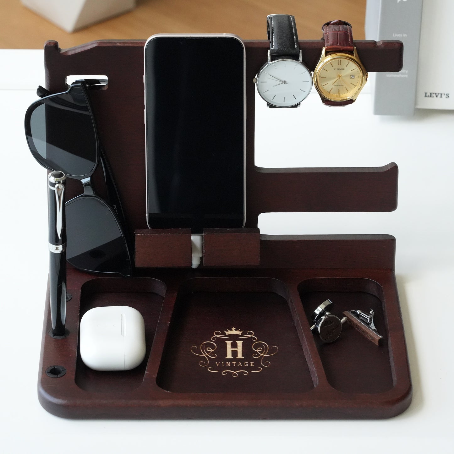 Personalized Wooden Phone Docking Station,Engraved Desk Organizer,Phone Stand,Men’s Gift,Docking Station for Cell Phone, Tablet, Wallet, Gadgets, Watch, Keys