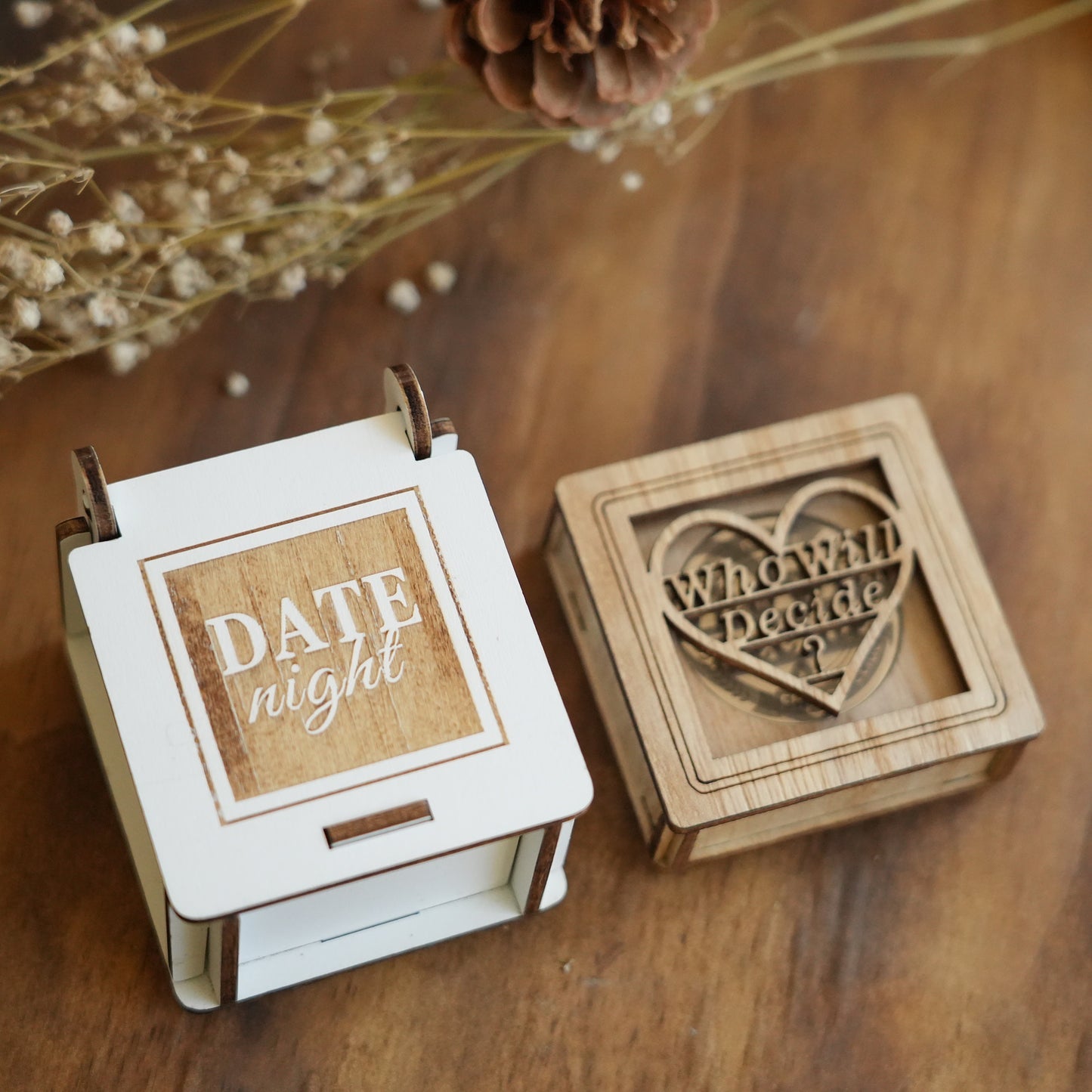 Personalized Decision Coin And Dice Set With Box,Wooden Dice And Metal Coin,Gift For Couple,Wedding Gift,Valentine Gift