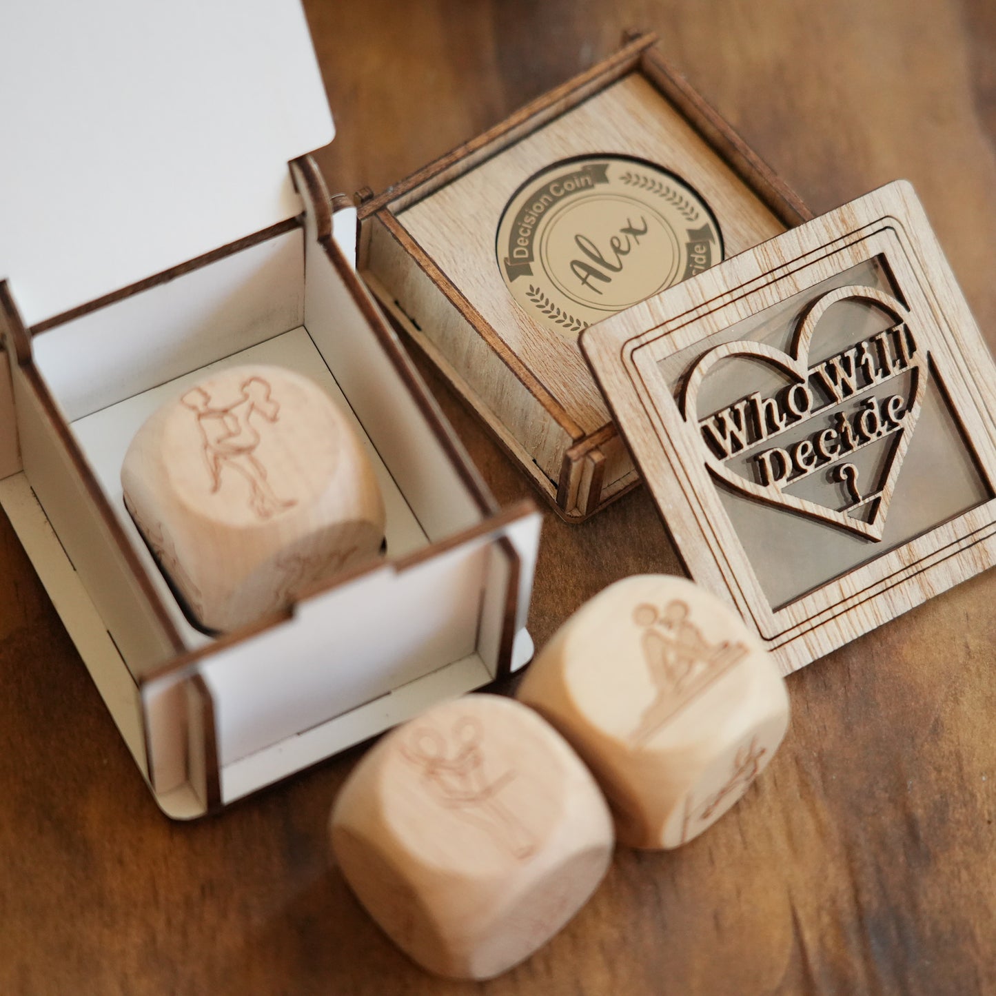 Personalized Decision Coin And Dice Set With Box,Wooden Dice And Metal Coin,Gift For Couple,Wedding Gift,Valentine Gift