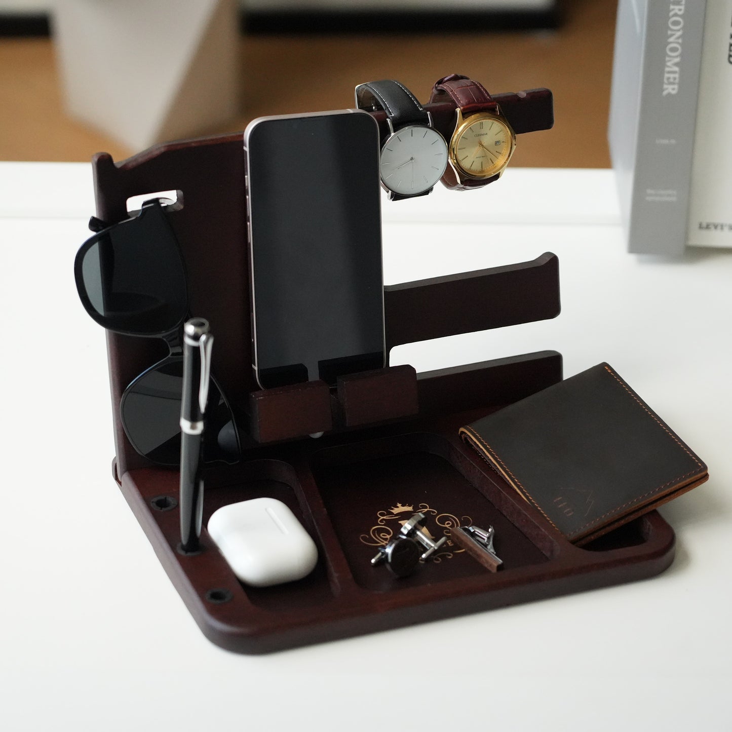 Personalized Wooden Phone Docking Station,Engraved Desk Organizer,Phone Stand,Men’s Gift,Docking Station for Cell Phone, Tablet, Wallet, Gadgets, Watch, Keys