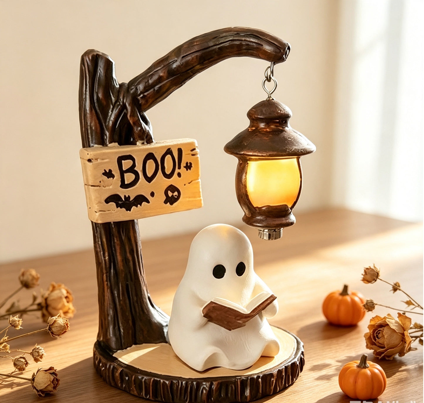 Ghost Reading Halloween Lantern Lamp,  Spooky Resin Desk Ornament, Warm Night Light,  Unique Gift for Book Lovers & Halloween Home Decor