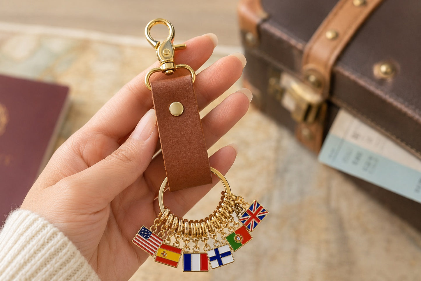 Personalized Leather Flag Keychain, Custom  Country Flag Bag Charm, Travel Souvenir Gift,  Traveler Keepsake Accessory