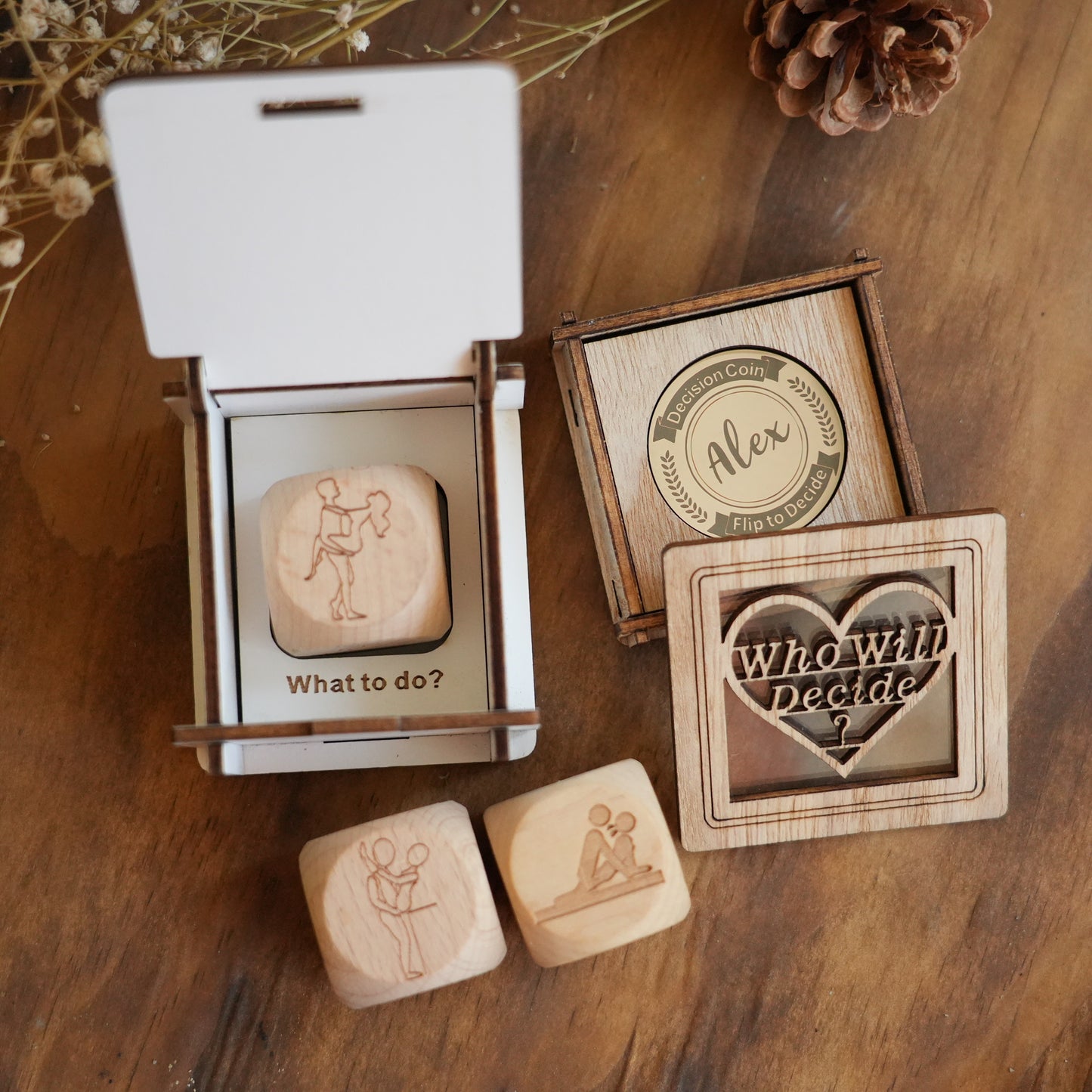 Personalized Decision Coin And Dice Set With Box,Wooden Dice And Metal Coin,Gift For Couple,Wedding Gift,Valentine Gift