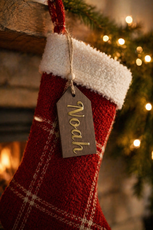 Personalized 3D Walnut Wood Stocking Name Tags,  Custom Engraved Wooden Christmas Ornaments  for Family Festive Decor