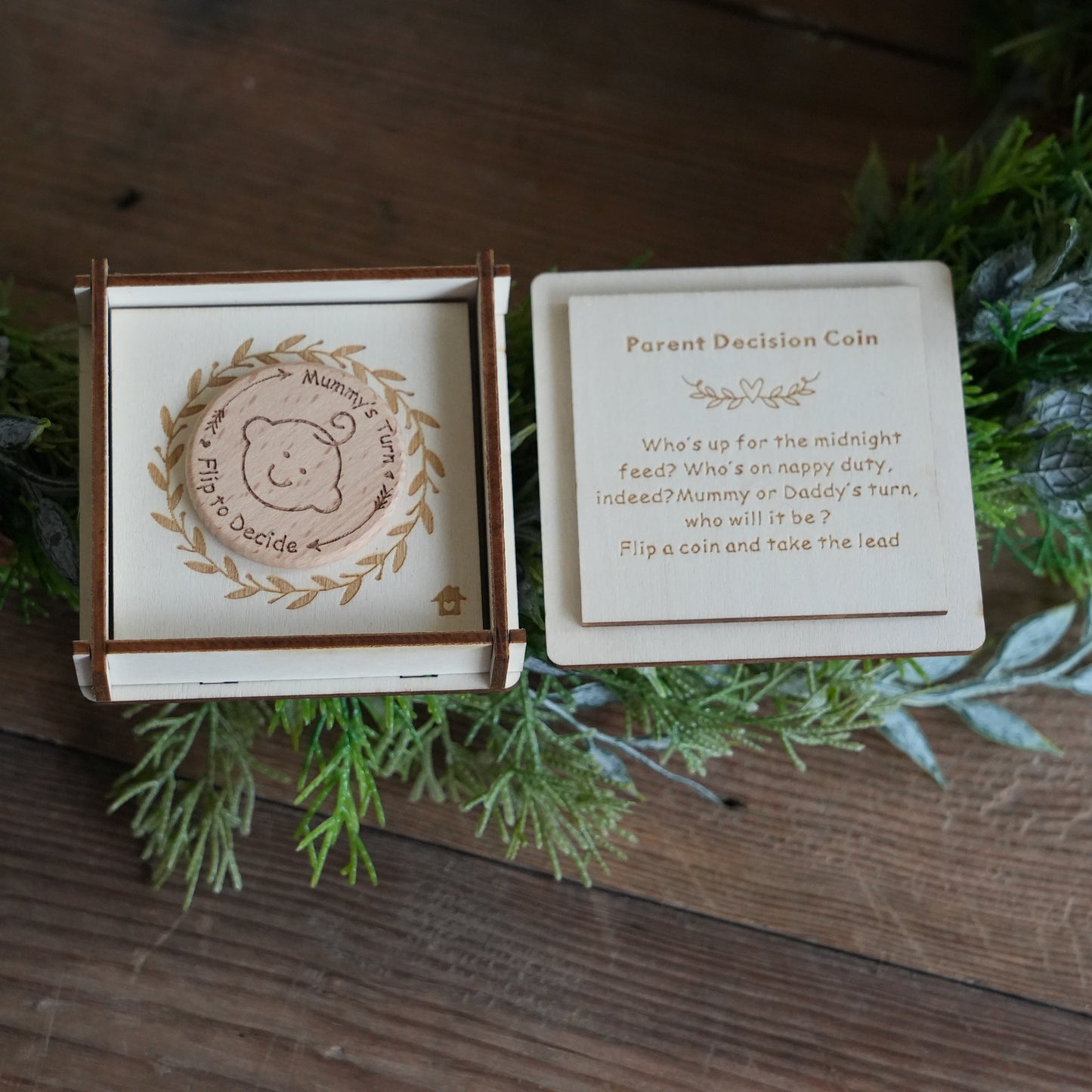 Custom Baby Decision Coin With Wooden Box And Card,New Parent Decision Coin,Baby Shower Gift, Fun Flip Token Gift For Parents