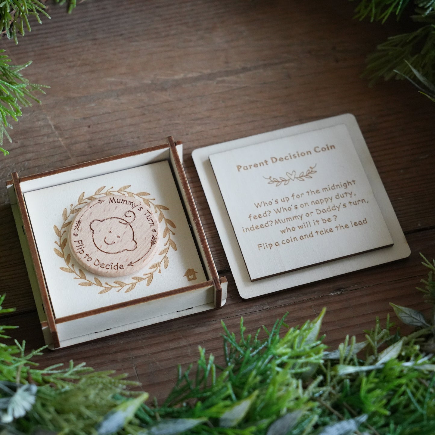 Custom Baby Decision Coin With Wooden Box And Card,New Parent Decision Coin,Baby Shower Gift, Fun Flip Token Gift For Parents